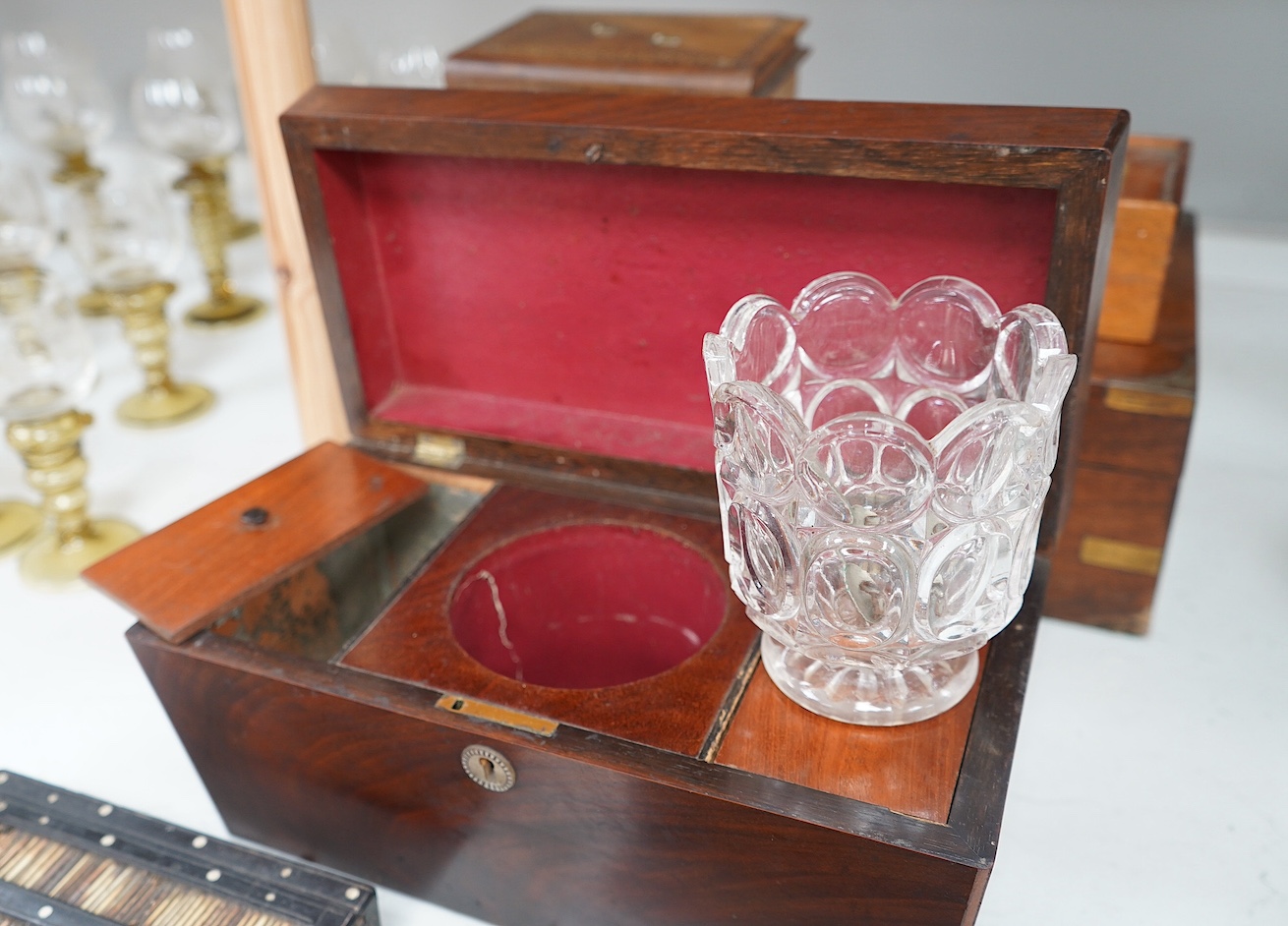 Six 19th century and later boxes to include a writing box, tea caddy, quill box and a jewellery box in the form of books with mirrored interior, largest 35cm wide. Condition - varies